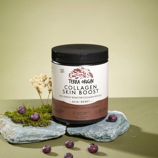 Terra Origin collagen scoop beside powder for easy beverage mix