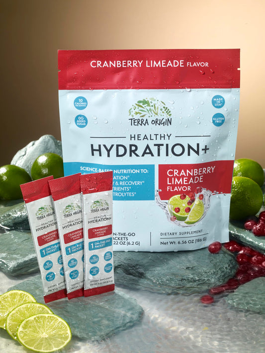 TERRA ORIGIN Cranberry Limeade stick-pack close-up demonstrates convenient sugar-free hydration on the go.