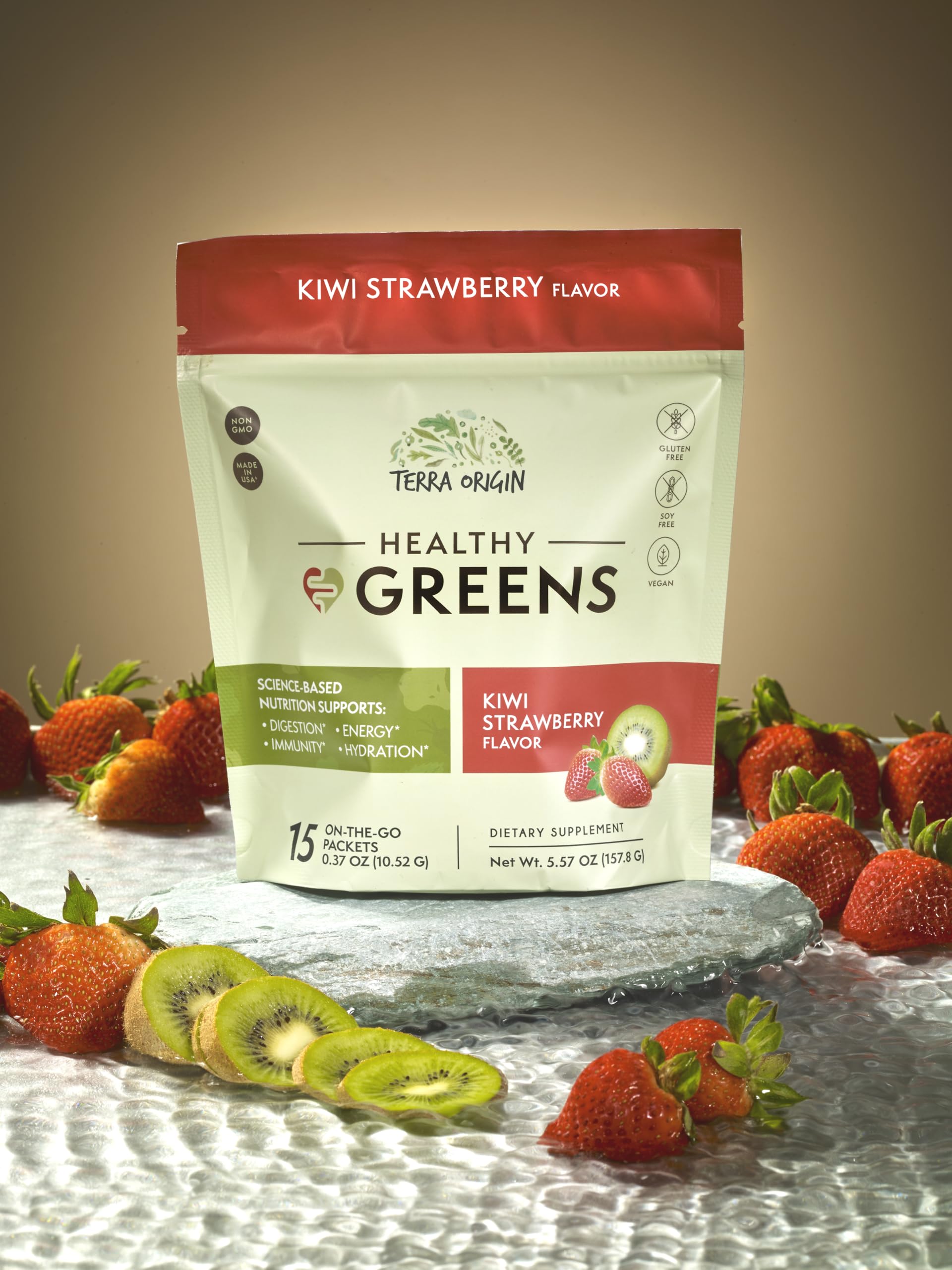Terra Origin greens packets on a kitchen counter for convenient daily wellness