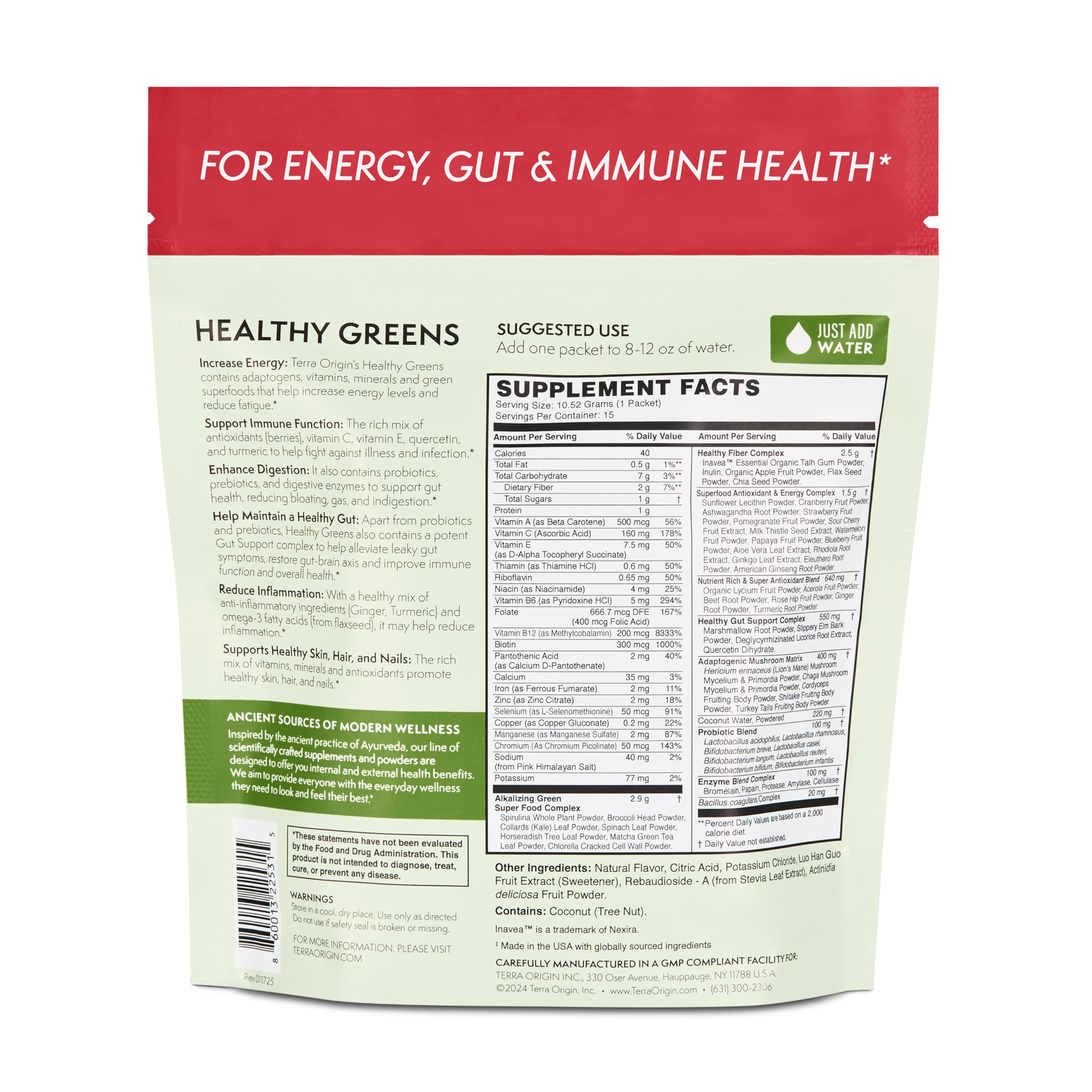 Fresh kiwi and strawberry beside Terra Origin greens packets for flavor context