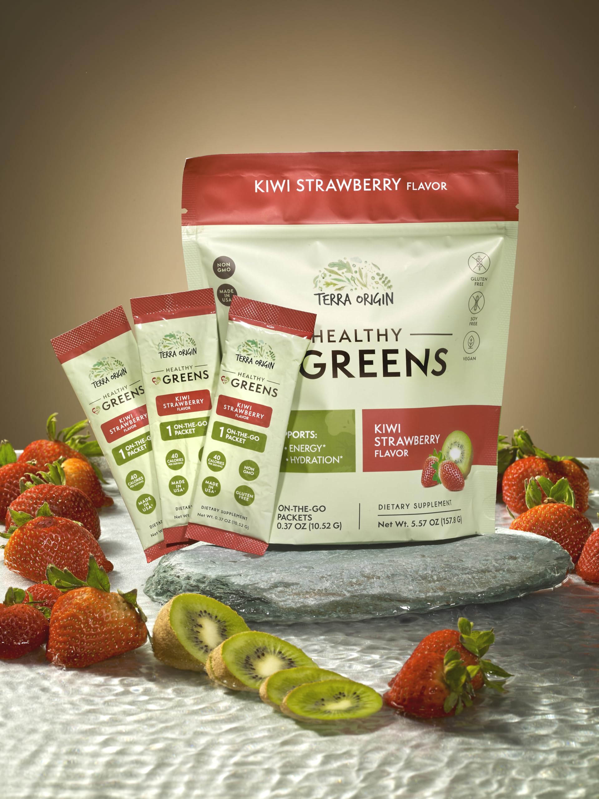 Terra Origin Greens Kiwi Strawberry poured into a glass for quick hydration