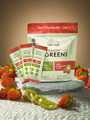 Terra Origin Greens Kiwi Strawberry poured into a glass for quick hydration