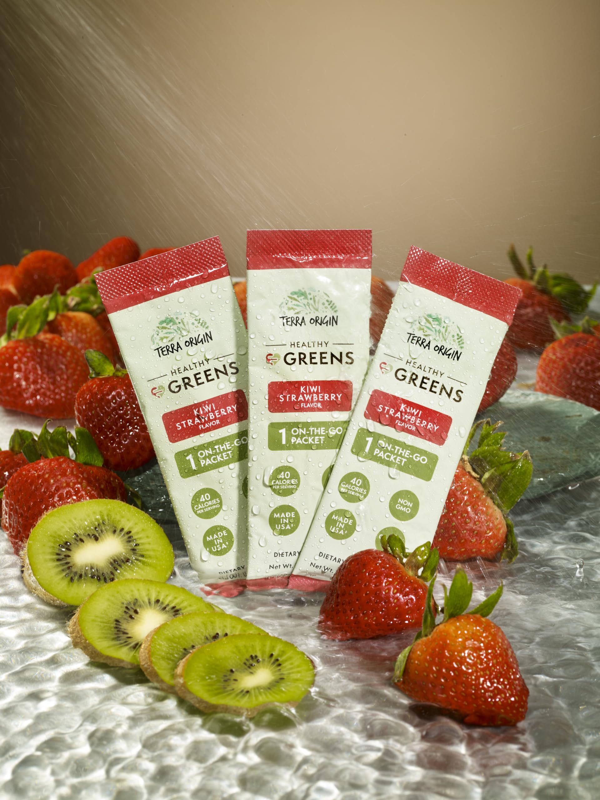 Terra Origin Greens Packets Kiwi Strawberry label close-up highlighting ingredients