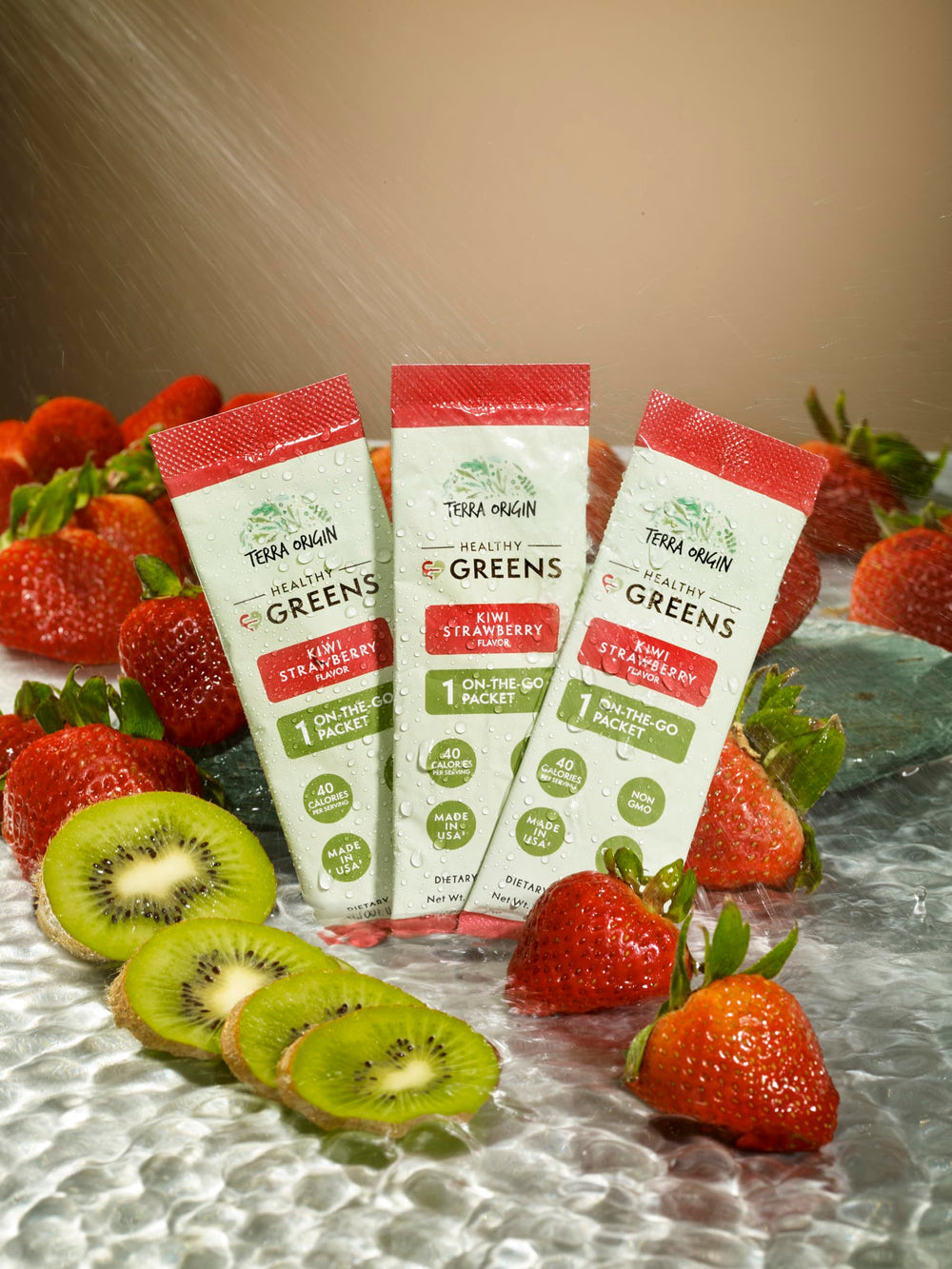 Terra Origin Greens Packets Kiwi Strawberry label close-up highlighting ingredients