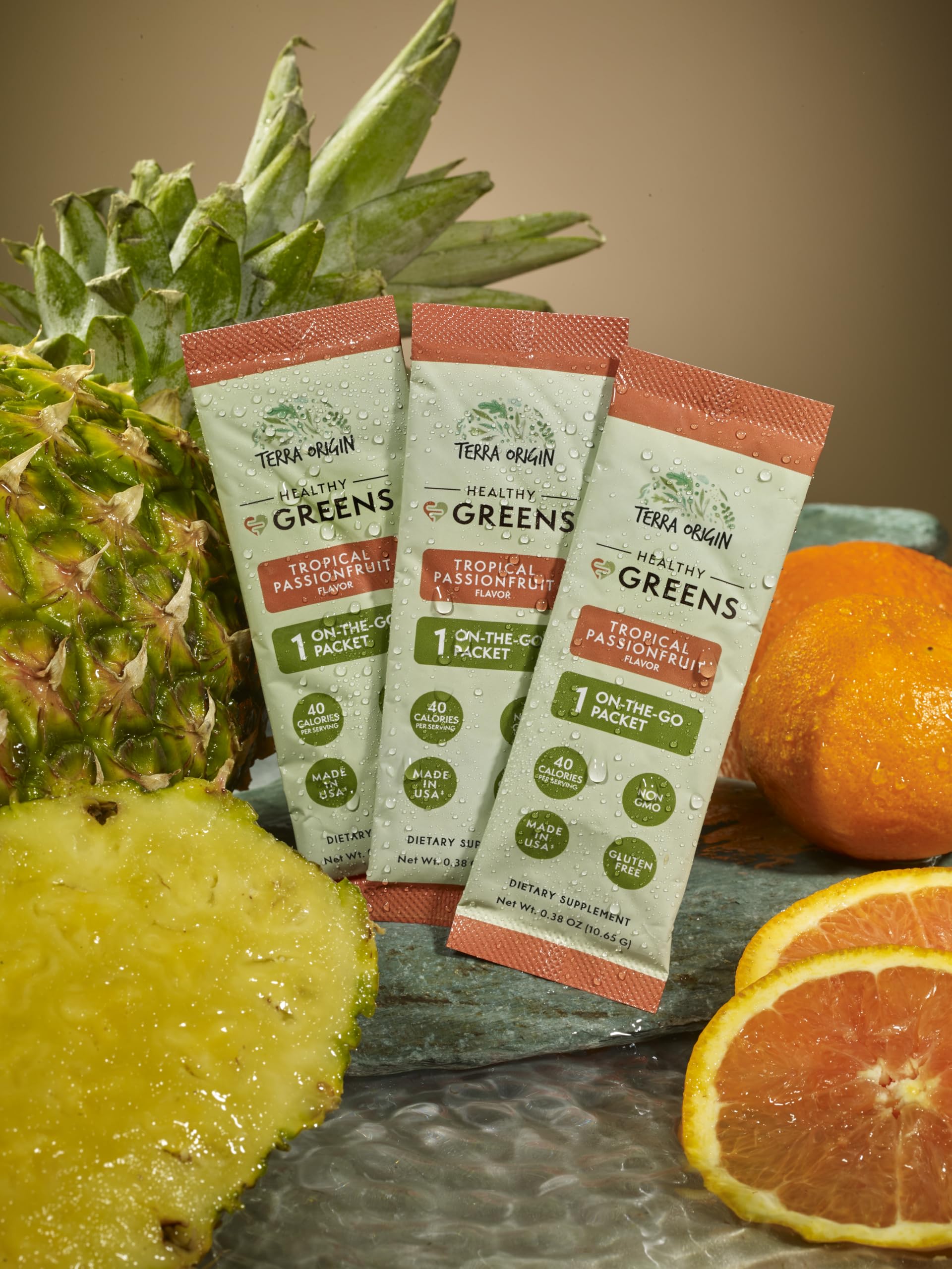 Terra Origin greens powder dissolving in a glass of water for quick hydration.