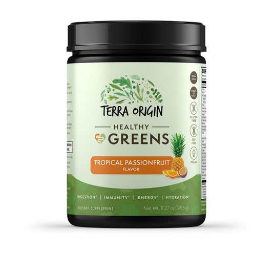TERRA ORIGIN Healthy Greens bottle with tropical passion fruit flavor for daily energy