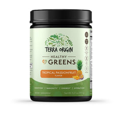 TERRA ORIGIN Healthy Greens bottle with tropical passion fruit flavor for daily energy