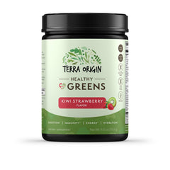 TERRA ORIGIN Healthy Greens powder close-up showing vibrant green texture for everyday use.