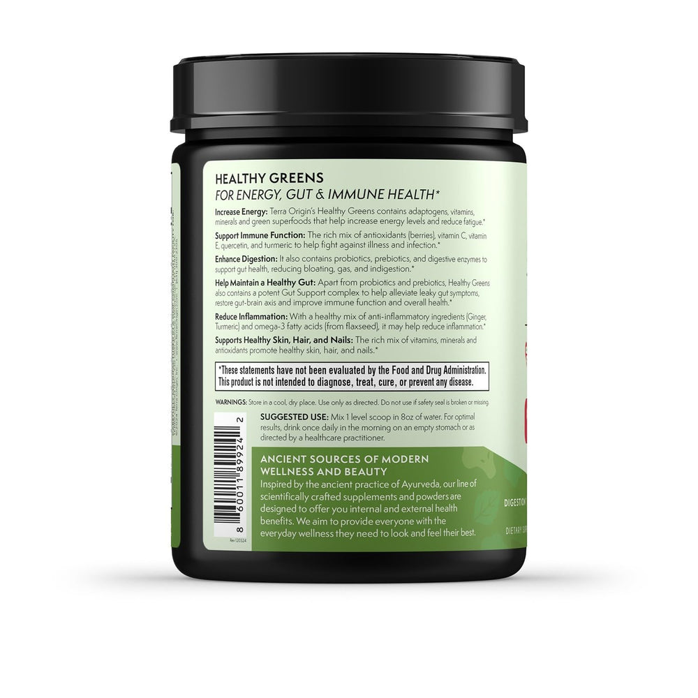 TERRA ORIGIN Healthy Greens ingredients close-up highlighting greens, probiotics, enzymes.