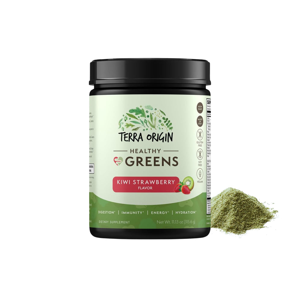 TERRA ORIGIN Healthy Greens kiwi strawberry tub for energizing smoothies and daily immune support.