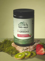 TERRA ORIGIN Healthy Greens scoop with powder, ideal for quick shakes.
