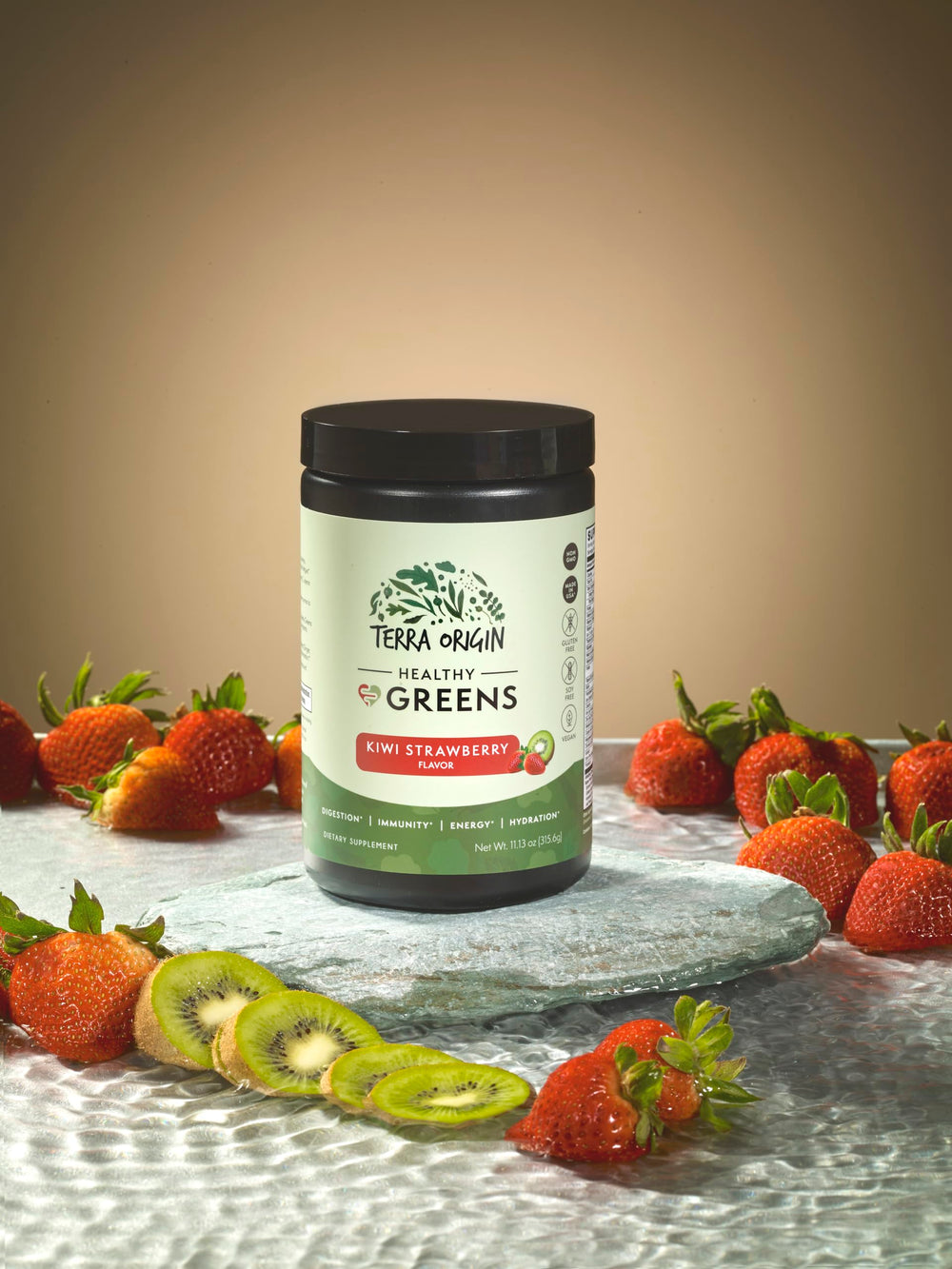 TERRA ORIGIN Healthy Greens in a smoothie glass showing daily nourishment.