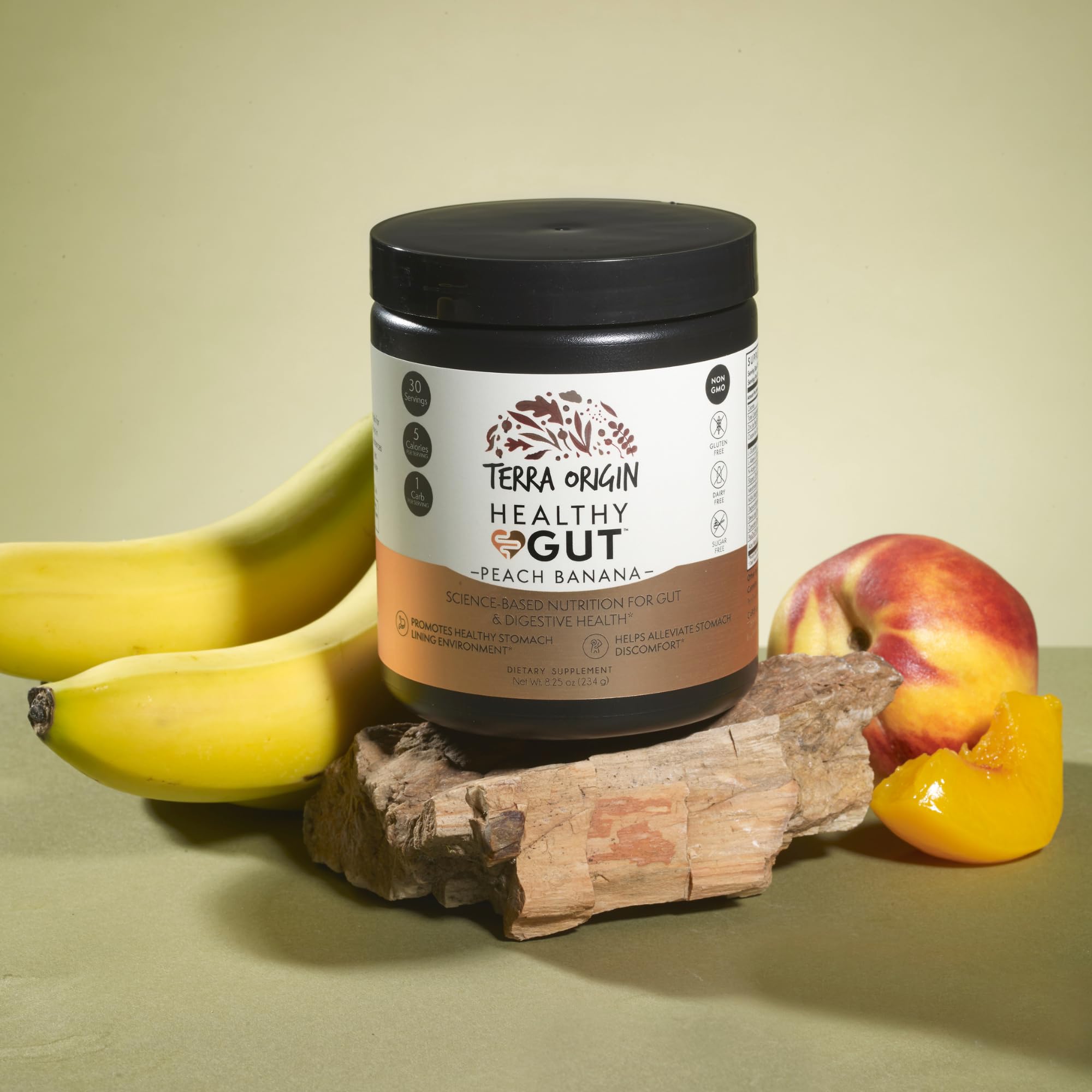 Terra Origin Healthy Gut bottle label close-up highlighting zinc and L-glutamine