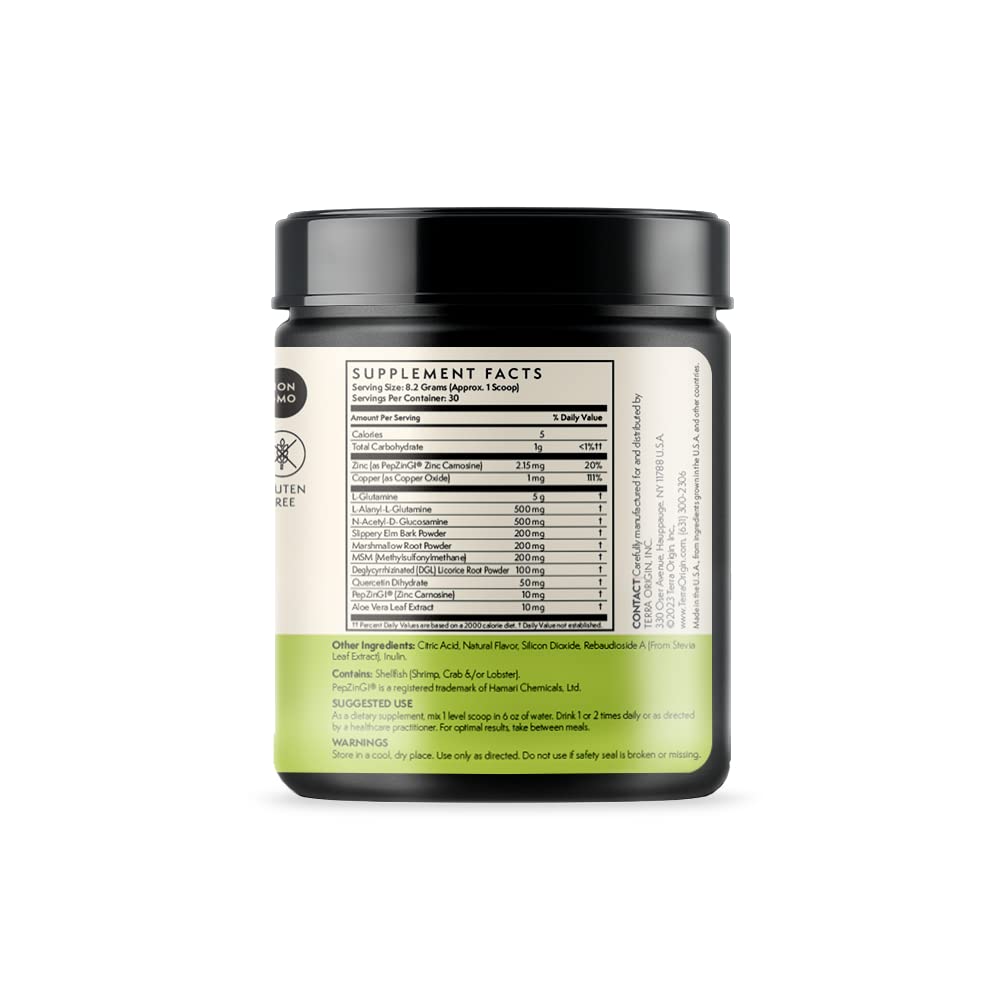 Label closeup highlights non-GMO and gluten-free benefits for Terra Origin powder