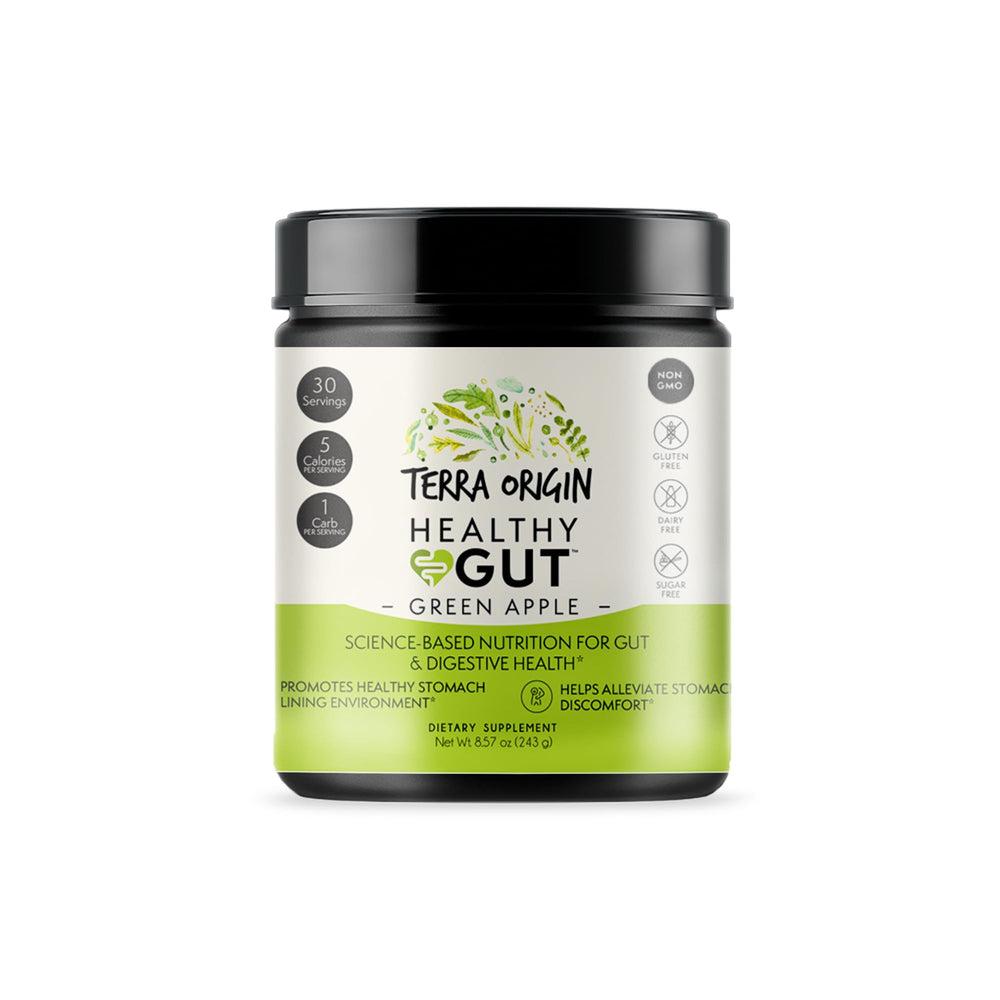 Packaging layout showing Terra Origin Healthy Gut Green Apple box and bottle
