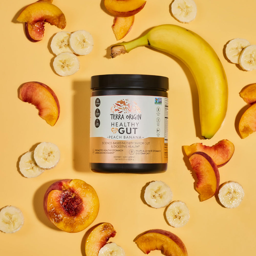 Terra Origin Healthy Gut ingredients close-up featuring marshmallow root and slippery elm