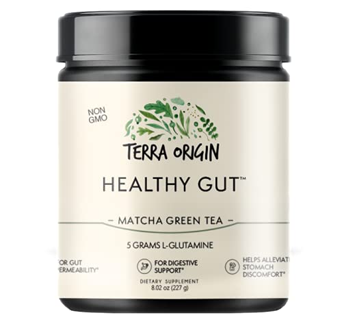 Terra Origin Healthy Gut Matcha label closeup communicates quality and USA-made.