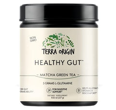 Terra Origin Healthy Gut Matcha label closeup communicates quality and USA-made.