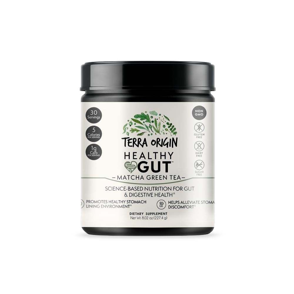 Terra Origin Healthy Gut Matcha near marshmallow root botanical accents.