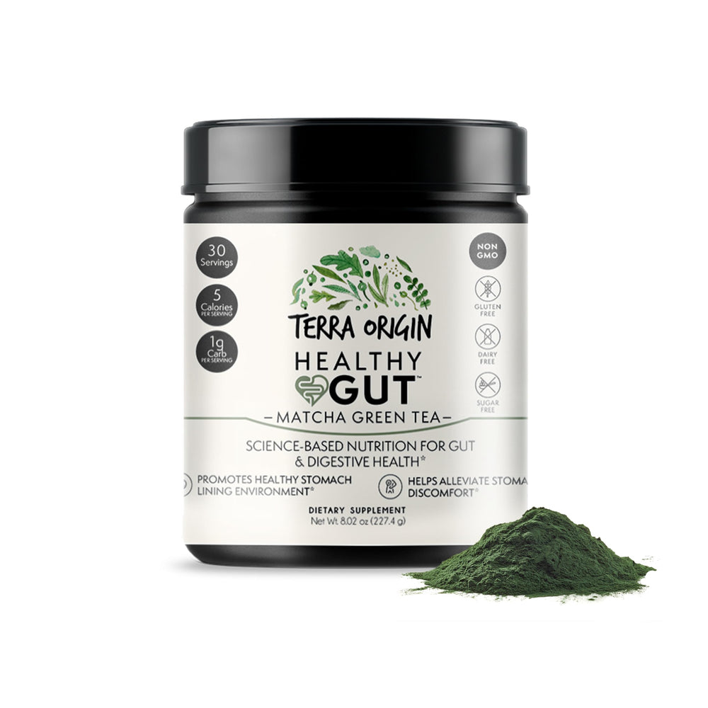 Terra Origin Healthy Gut Matcha packaging showing 30 servings for digestive comfort.