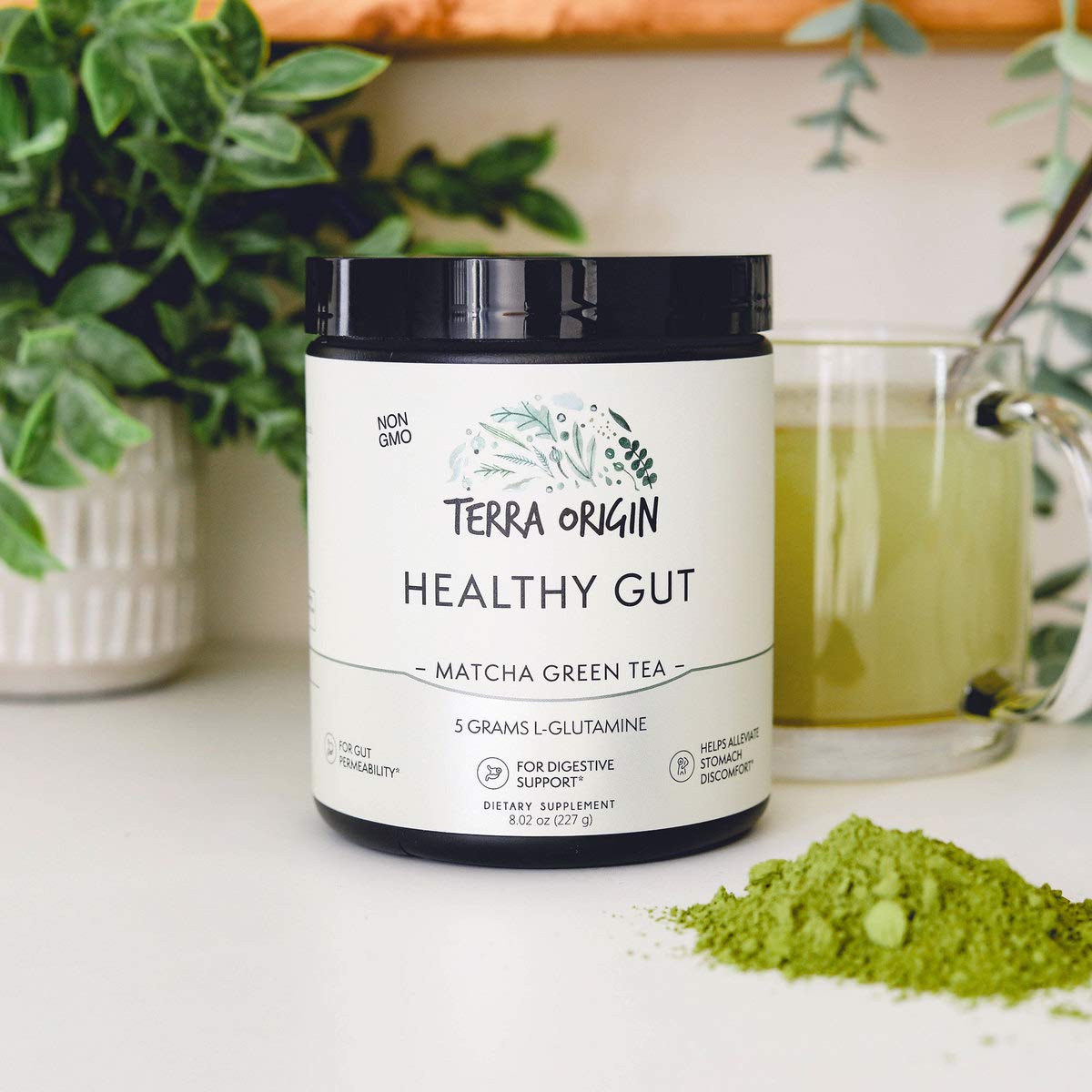 Terra Origin Healthy Gut Matcha ingredients list features slippery elm bark.