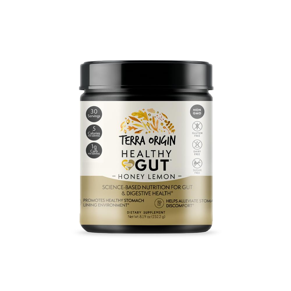 Terra Origin Healthy Gut Powder bottle showing gut-support blend for comfortable digestion.