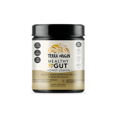 Terra Origin Healthy Gut Powder bottle showing gut-support blend for comfortable digestion.