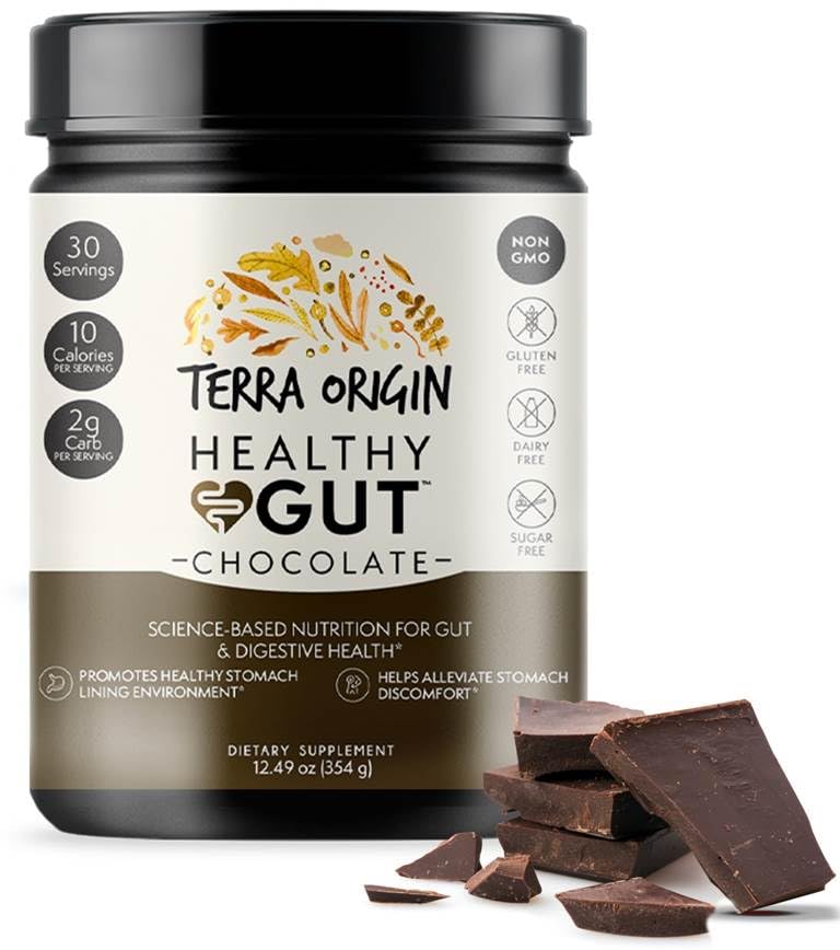Terra Origin Healthy Gut powder scoop next to jar for easy daily gut support