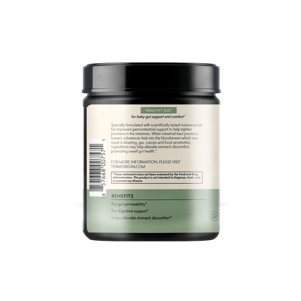 Terra Origin Healthy Gut powder scoop with water, convenient daily supplement