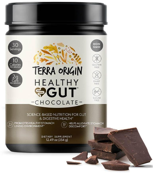 Terra Origin Healthy Gut powder scoop next to jar for easy daily gut support