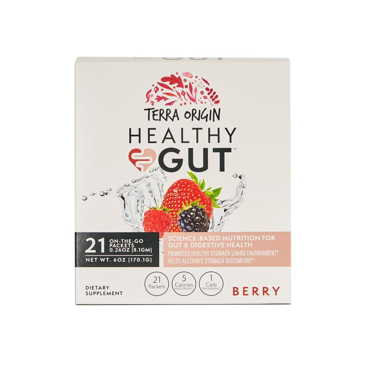 Terra Origin Healthy Gut Stick Packs in a box ready for on-the-go digestion support.
