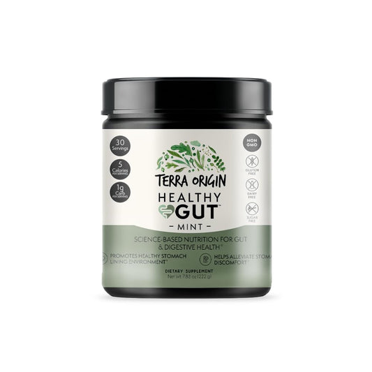 Terra Origin Healthy Gut mint powder tub front for daily digestive comfort