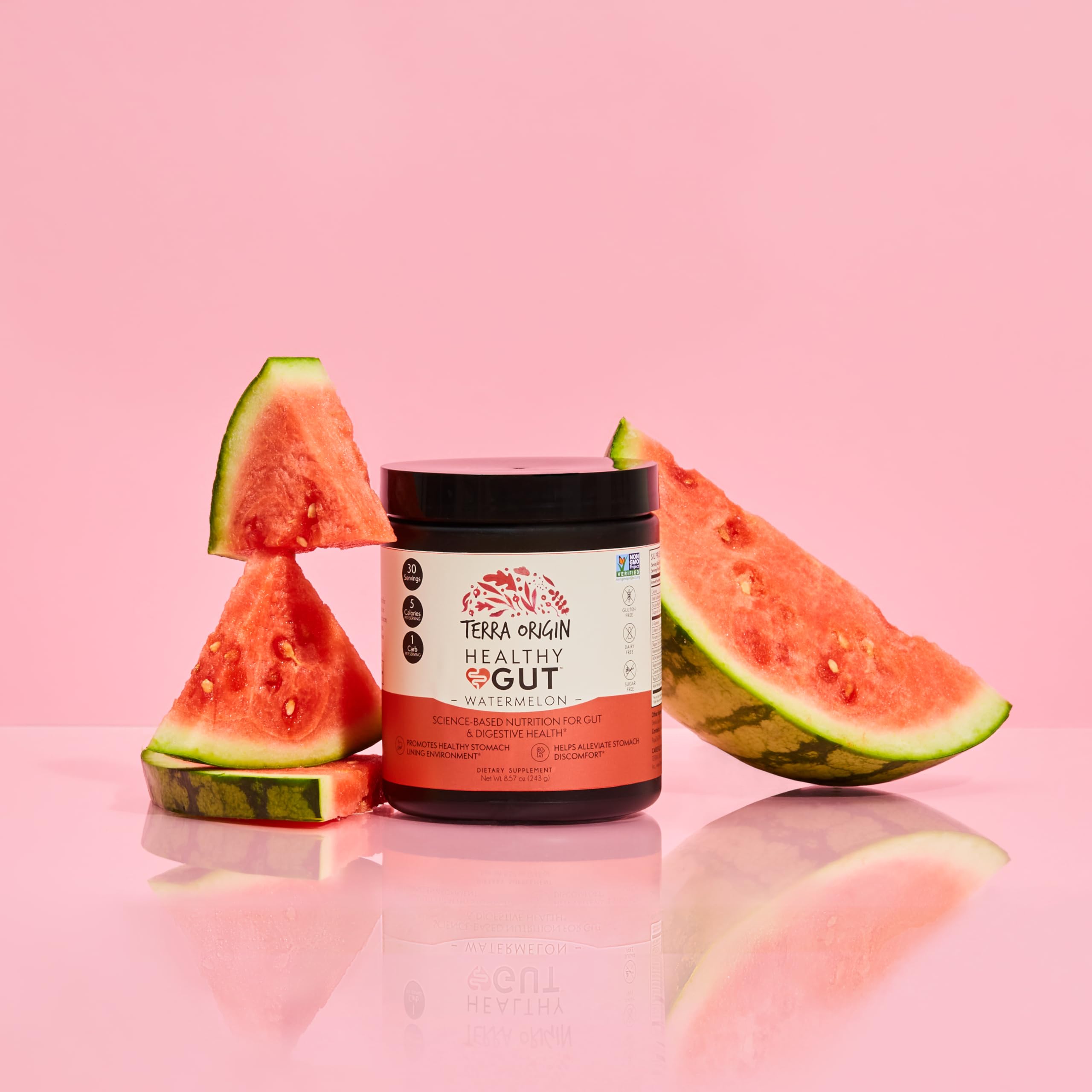 Terra Origin Healthy Gut Watermelon packaging on a kitchen counter.