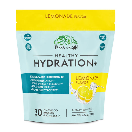 TERRA ORIGIN Healthy Hydration packaging showcases sugar-free electrolyte blend for convenient daily hydration.