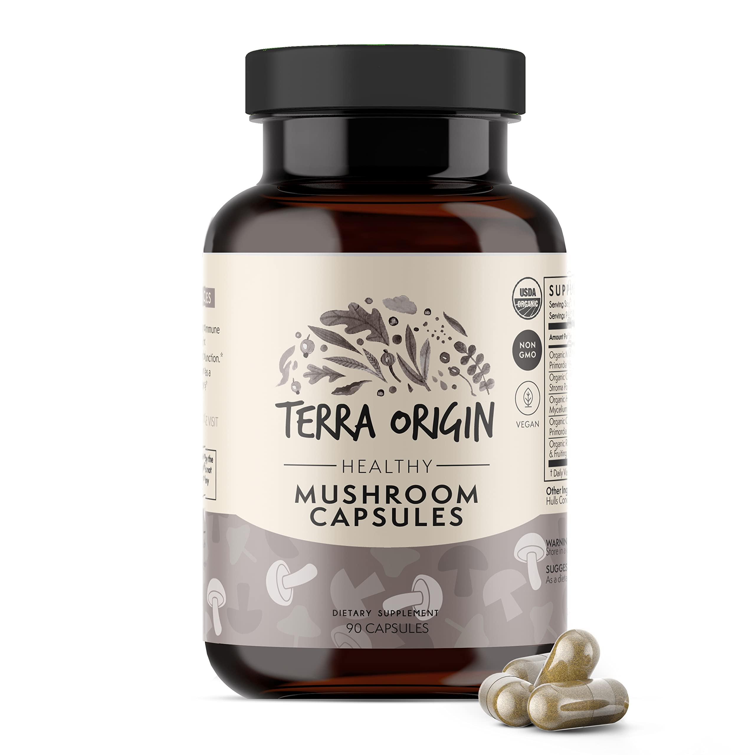 Terra Origin healthy mushroom complex bottle showcases organic immune and cognitive support.