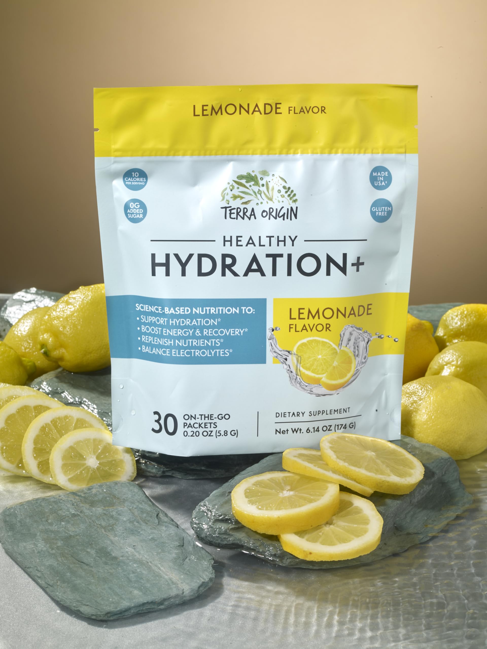 TERRA ORIGIN lemonade drink in a glass ready for on-the-go hydration.