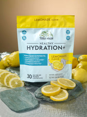 TERRA ORIGIN lemonade drink in a glass ready for on-the-go hydration.