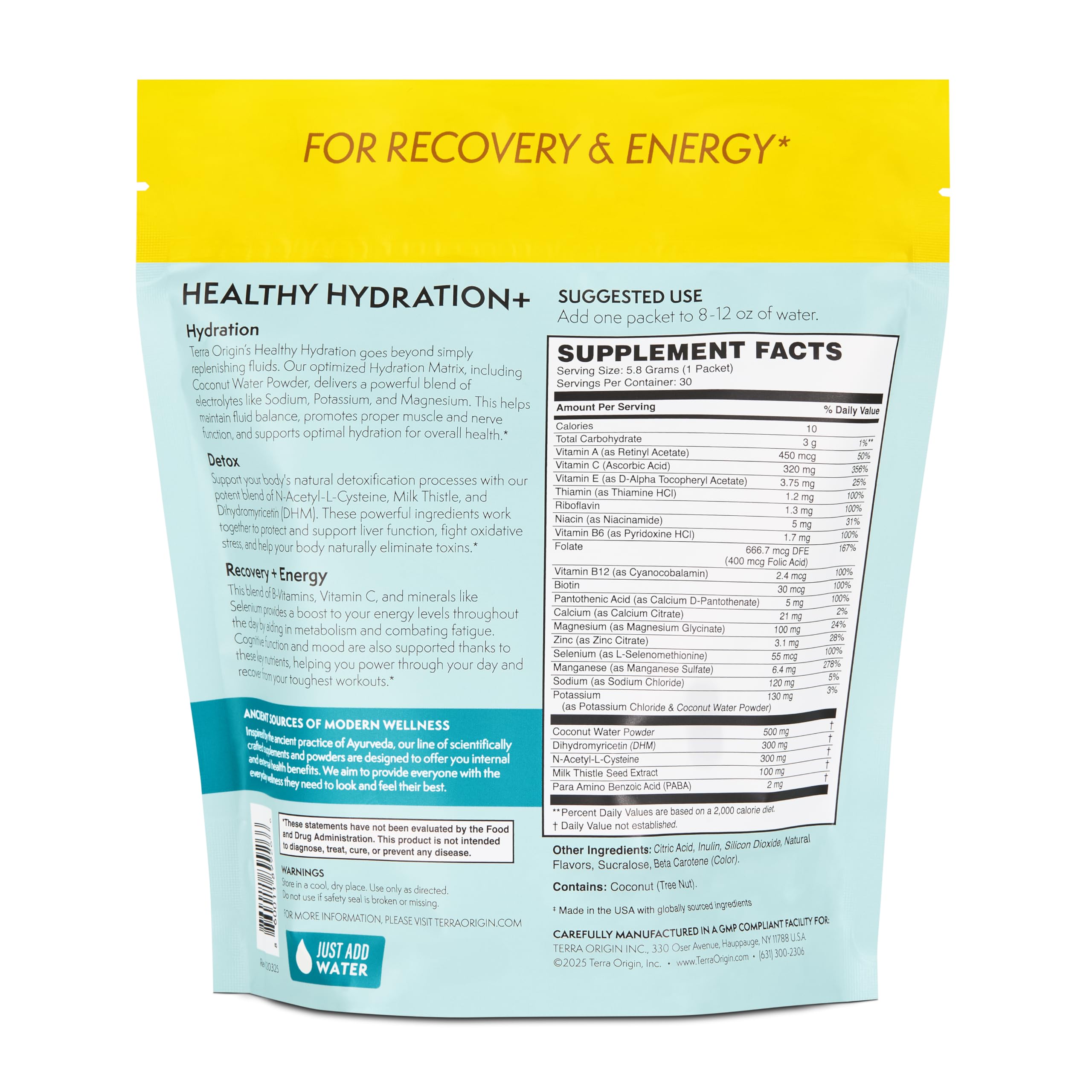 TERRA ORIGIN lemonade powder packet being poured into water for a refreshing electrolyte drink.