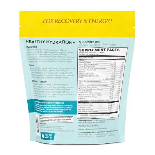 TERRA ORIGIN lemonade powder packet being poured into water for a refreshing electrolyte drink.
