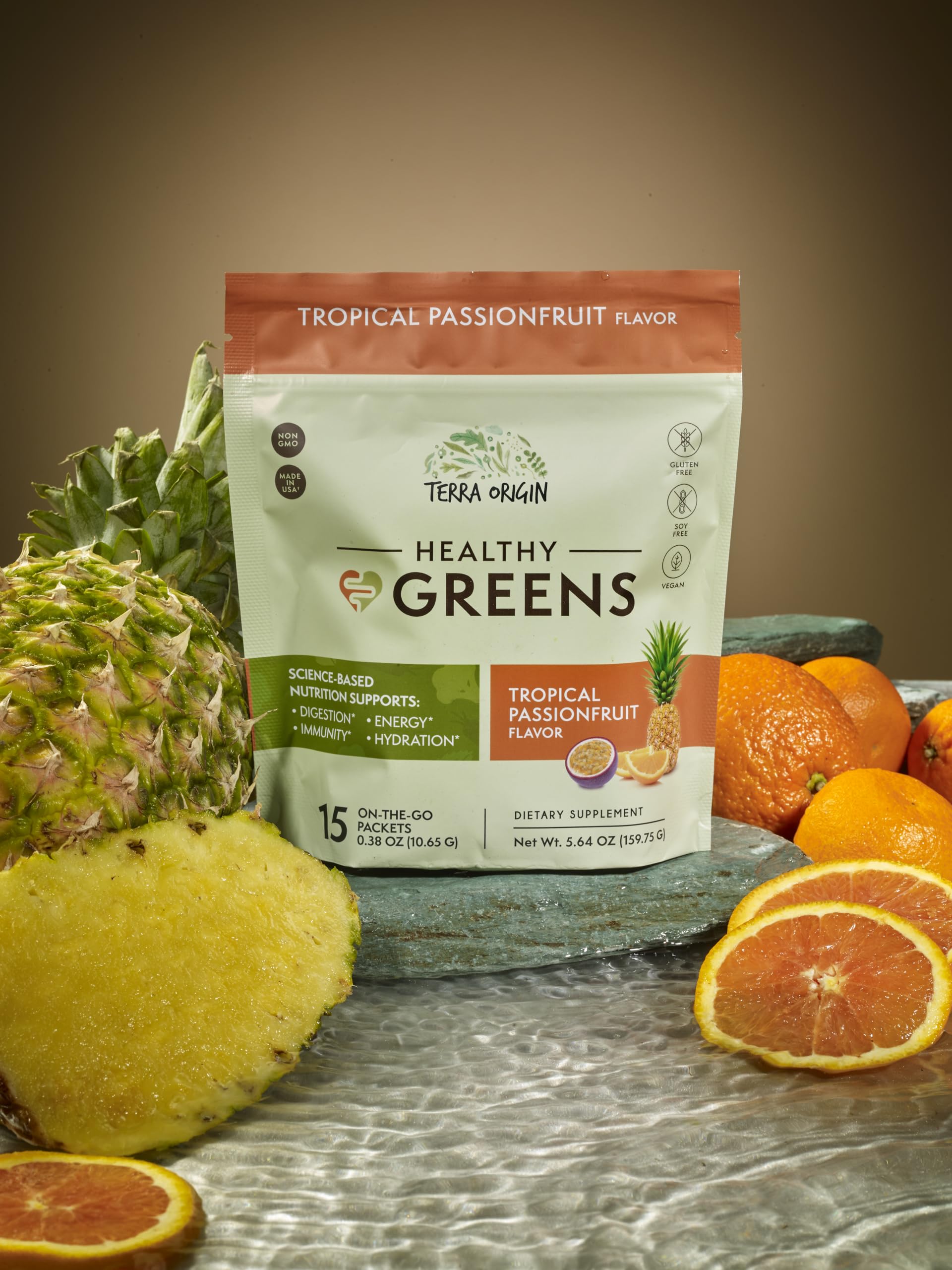 Terra Origin packaging with tubes and packets for on-the-go nutrition.