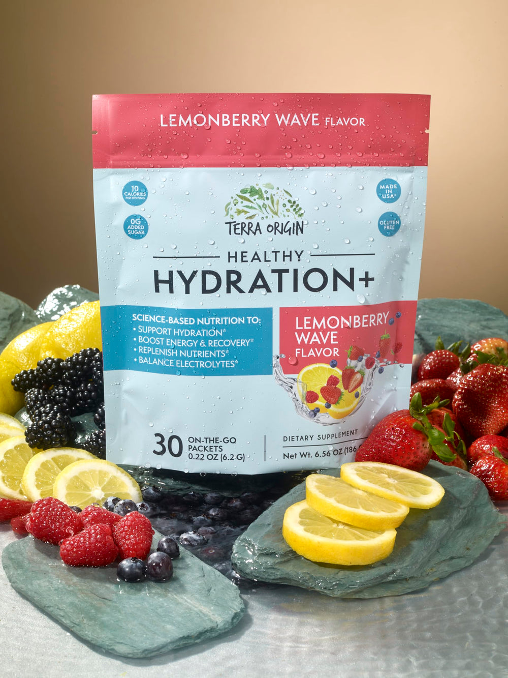 Terra Origin travel-friendly hydration packet fits in bags and pockets