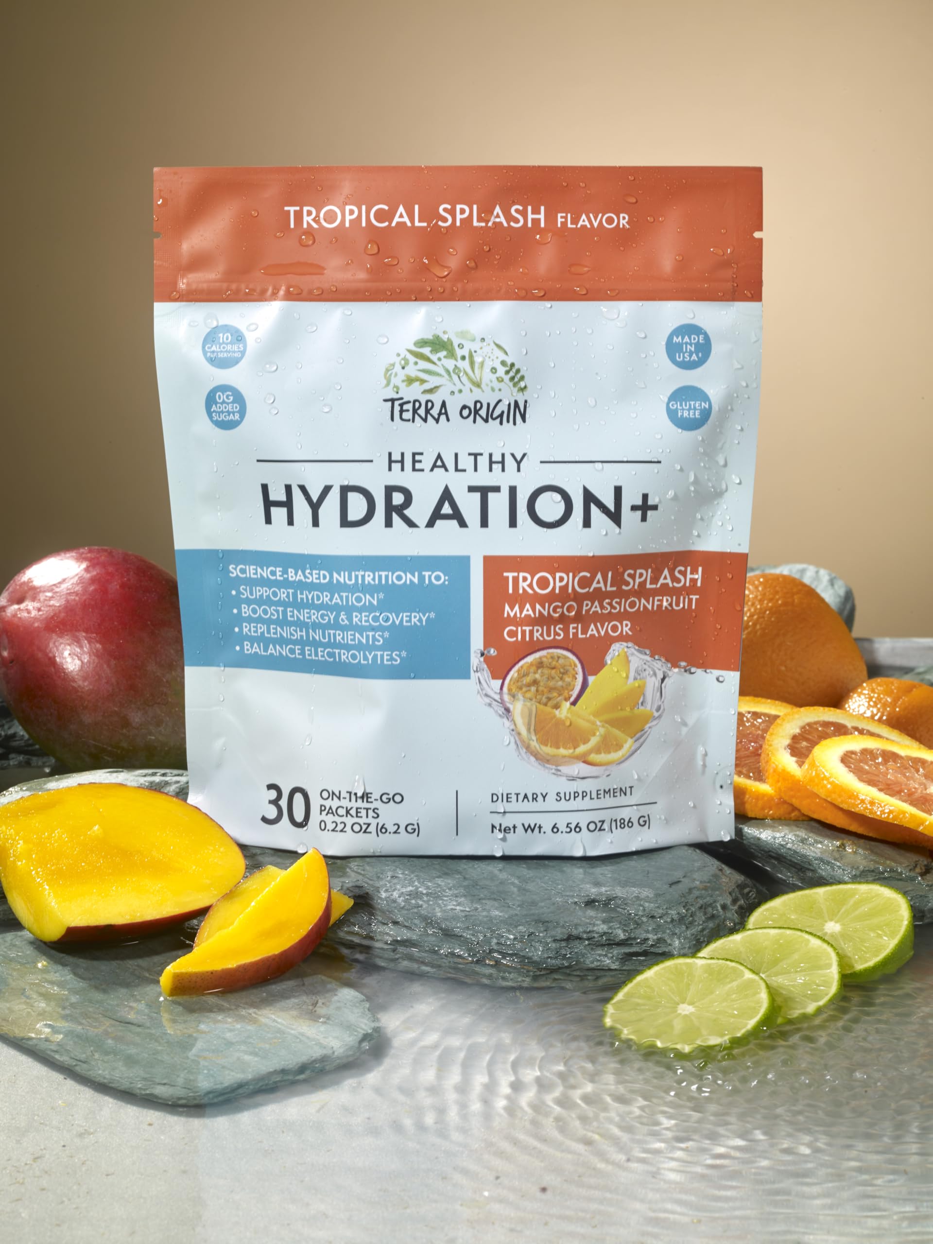 Terra Origin tropical splash electrolyte mix, a convenient travel companion.