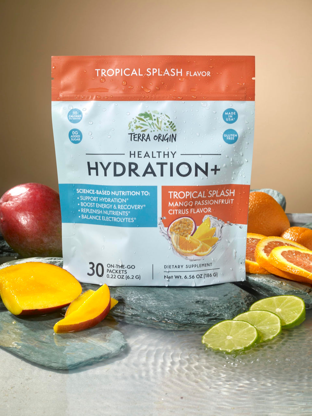Terra Origin tropical splash electrolyte mix, a convenient travel companion.