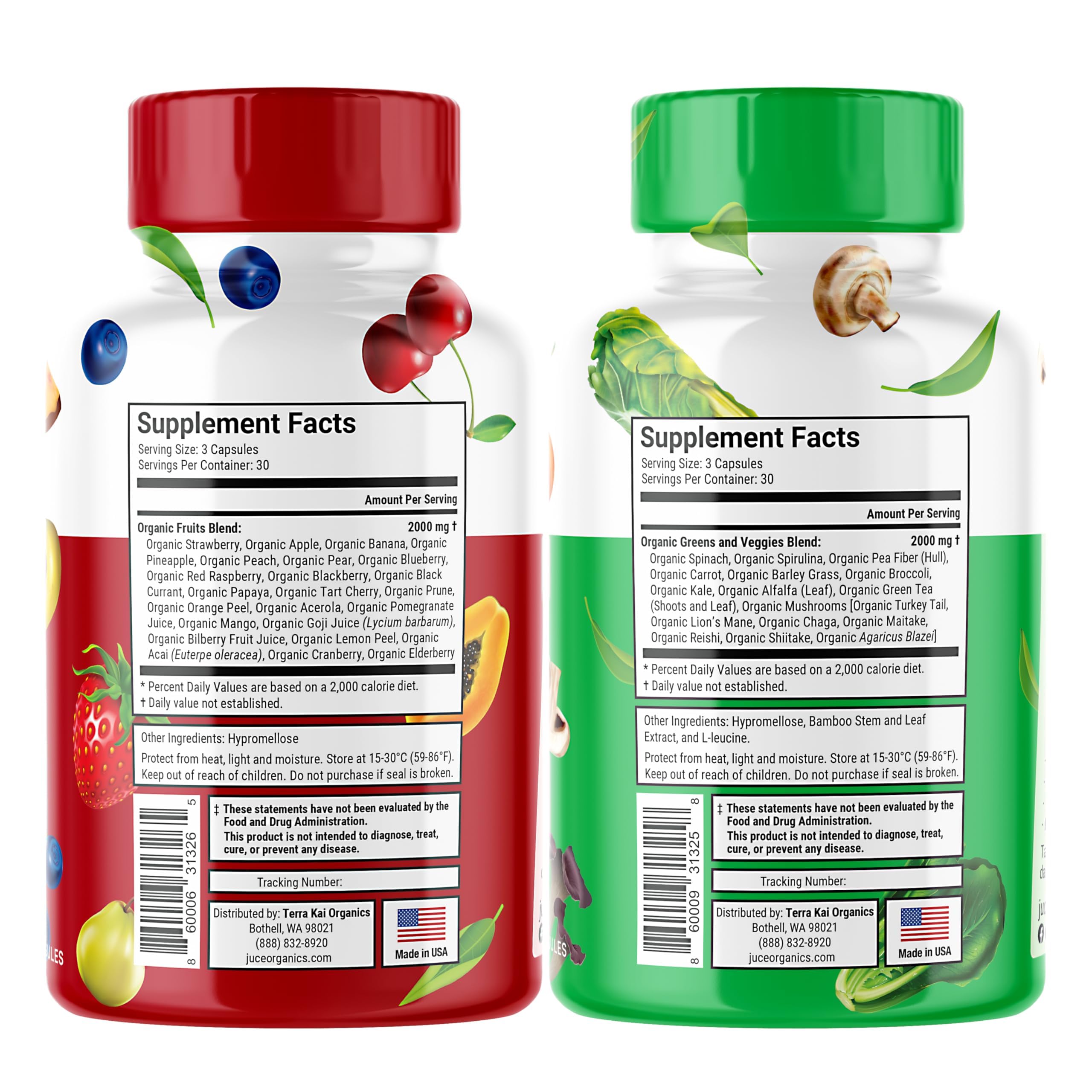 Terra Kai Juce Original Formula label closeup highlights organic ingredients and 46 superfoods