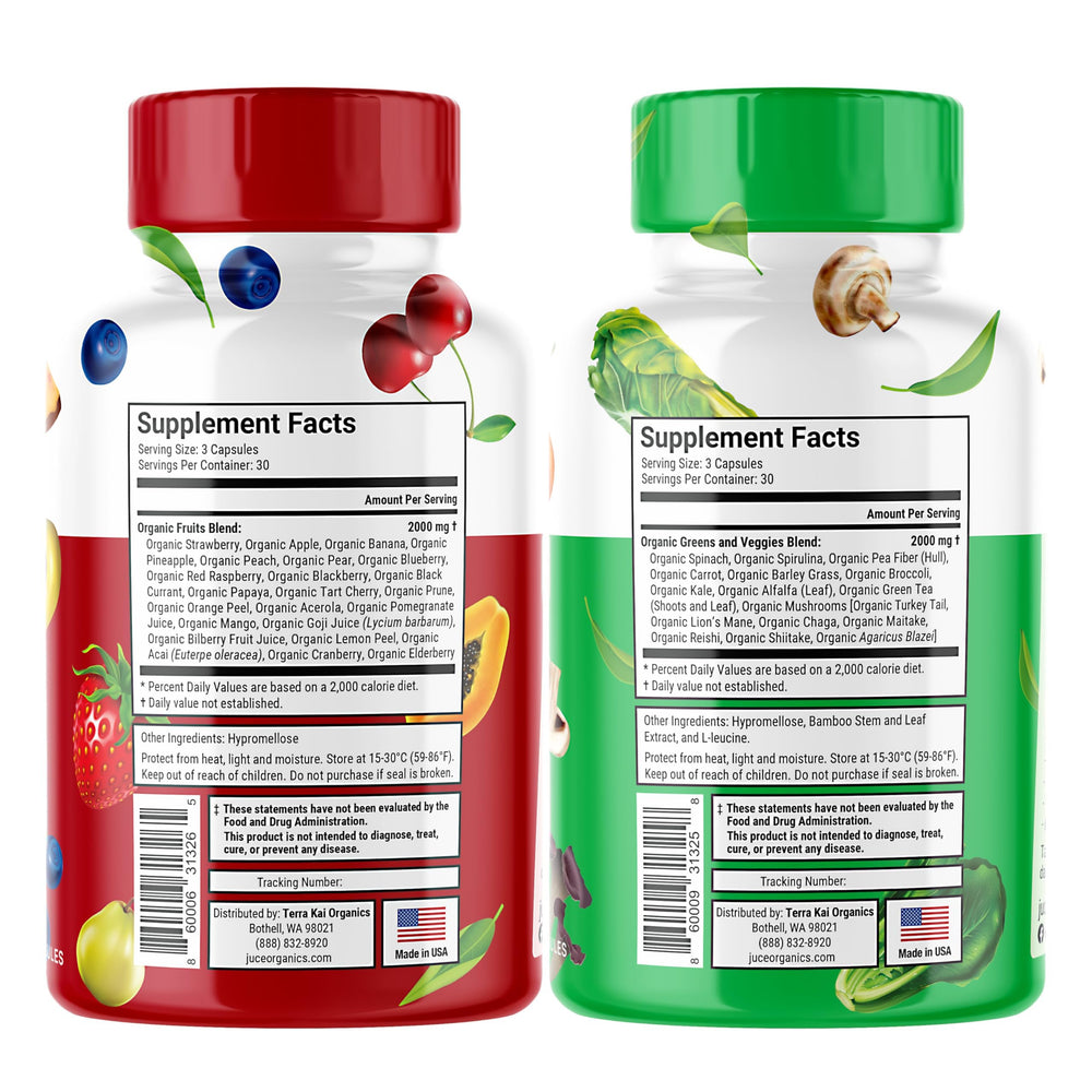 Terra Kai Juce Original Formula label closeup highlights organic ingredients and 46 superfoods