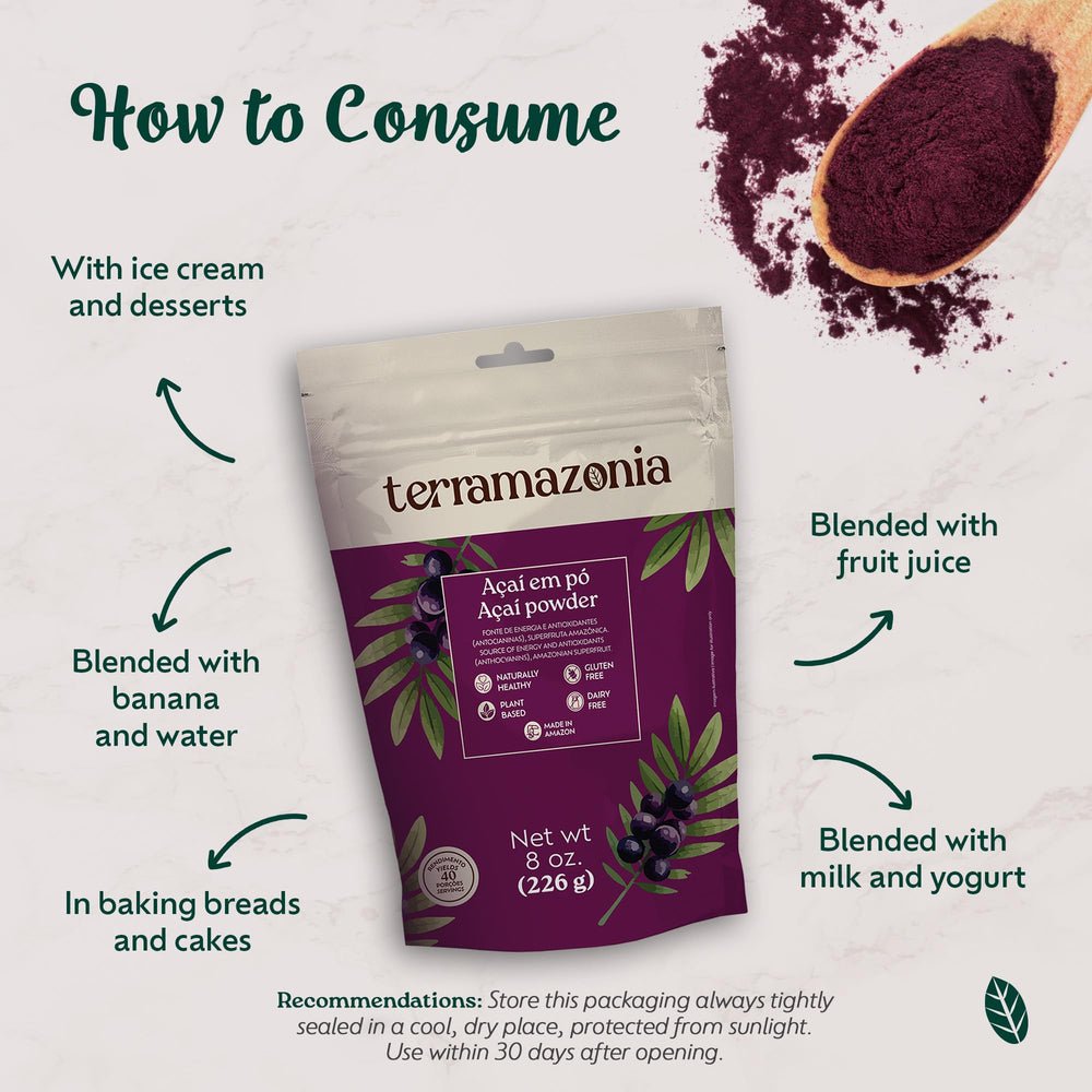 Terramazonia Açaí Powder back label with ingredients and sustainability claim
