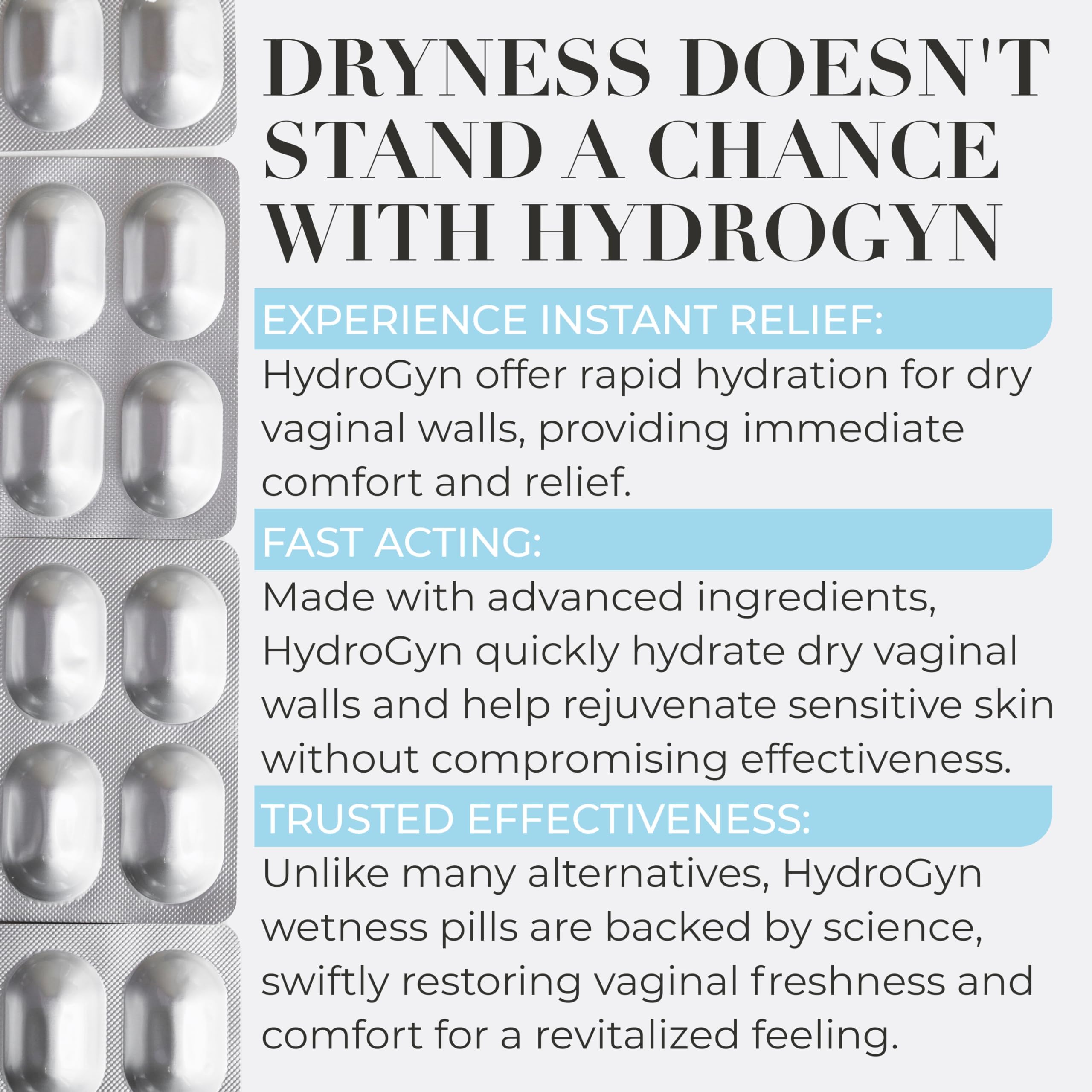 Terramed Hydro Gyn pills close-up highlighting natural lubrication support.