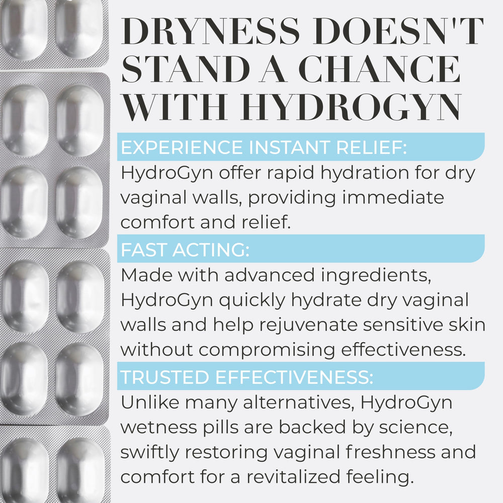 Terramed Hydro Gyn pills close-up highlighting natural lubrication support.