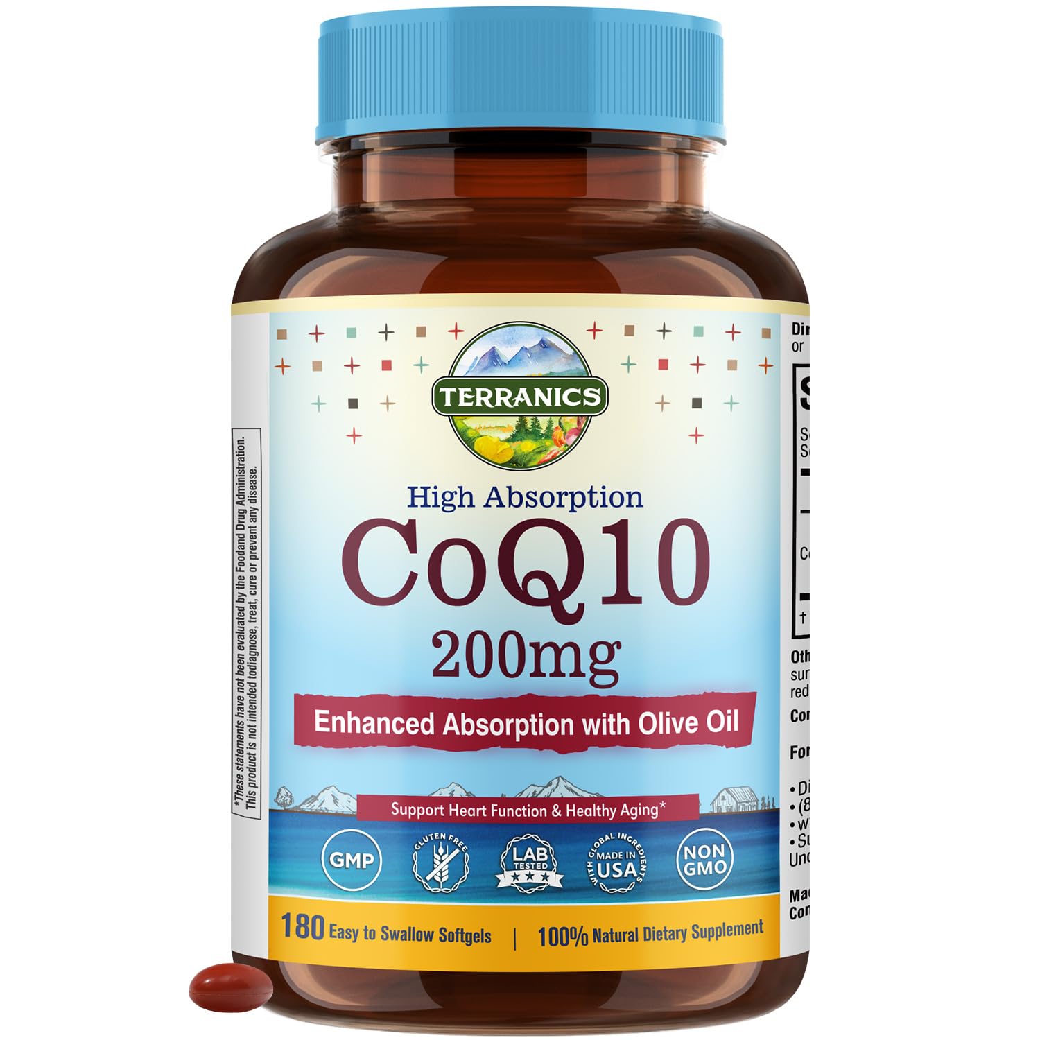 Terranics CoQ10 200mg bottle front showing high absorption formula