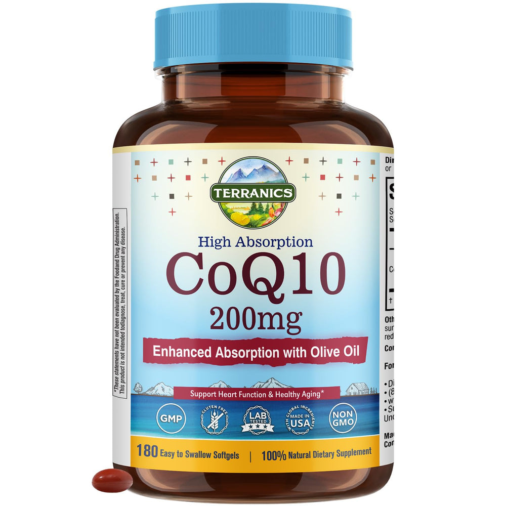 Terranics CoQ10 200mg bottle front showing high absorption formula